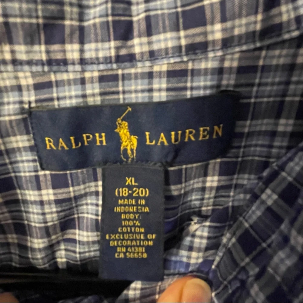 Ralph Lauren blue white plaid long sleeve button front shirt size XL Youth 18/20